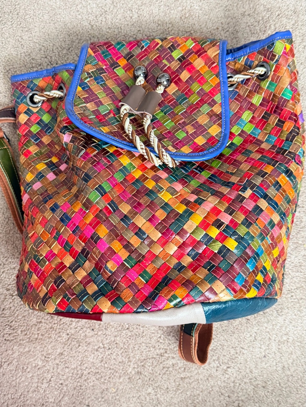 Multicolor Woven Drawstring Backpack - Colorful Women's Casual Backpack